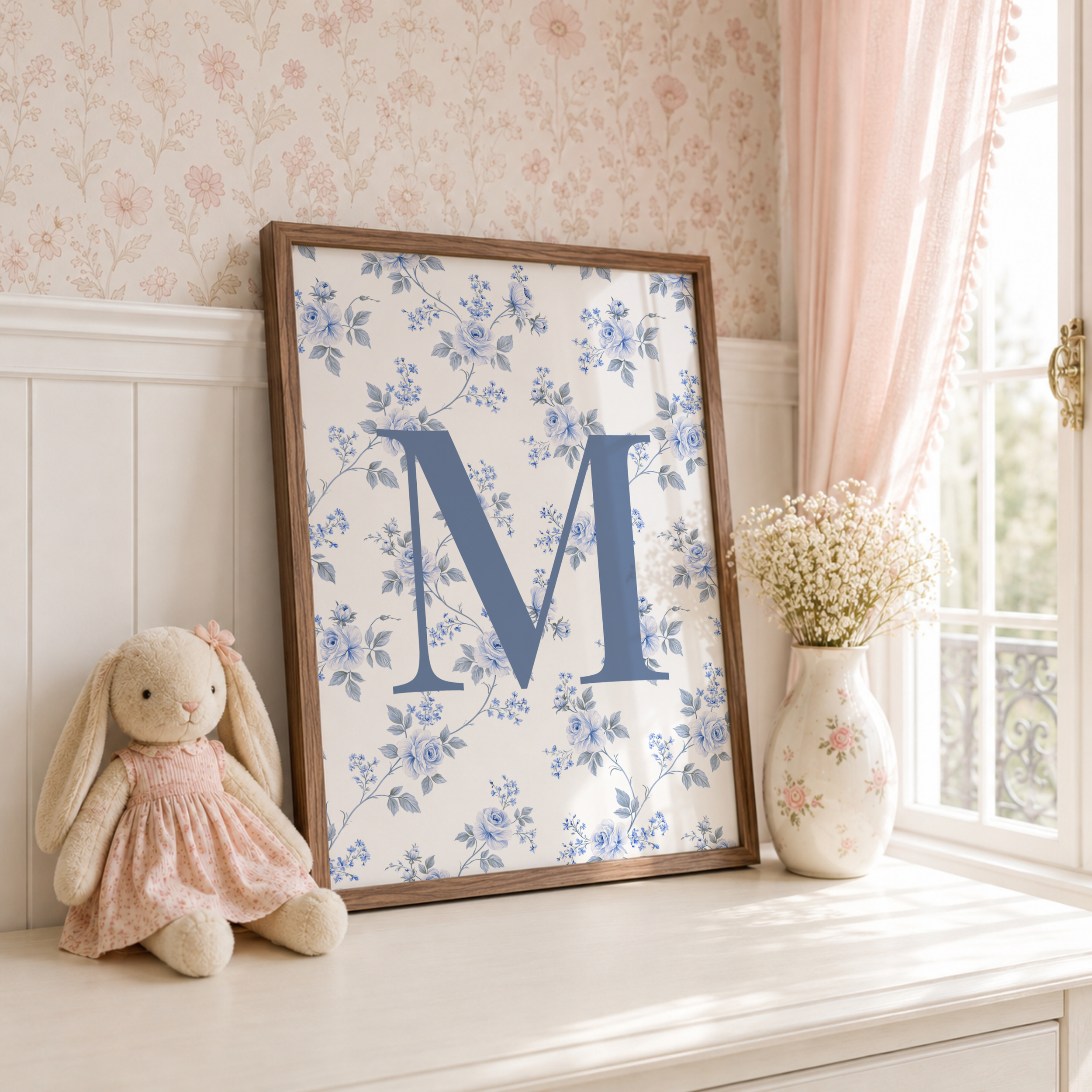 Personalised Blue Floral Initial Print