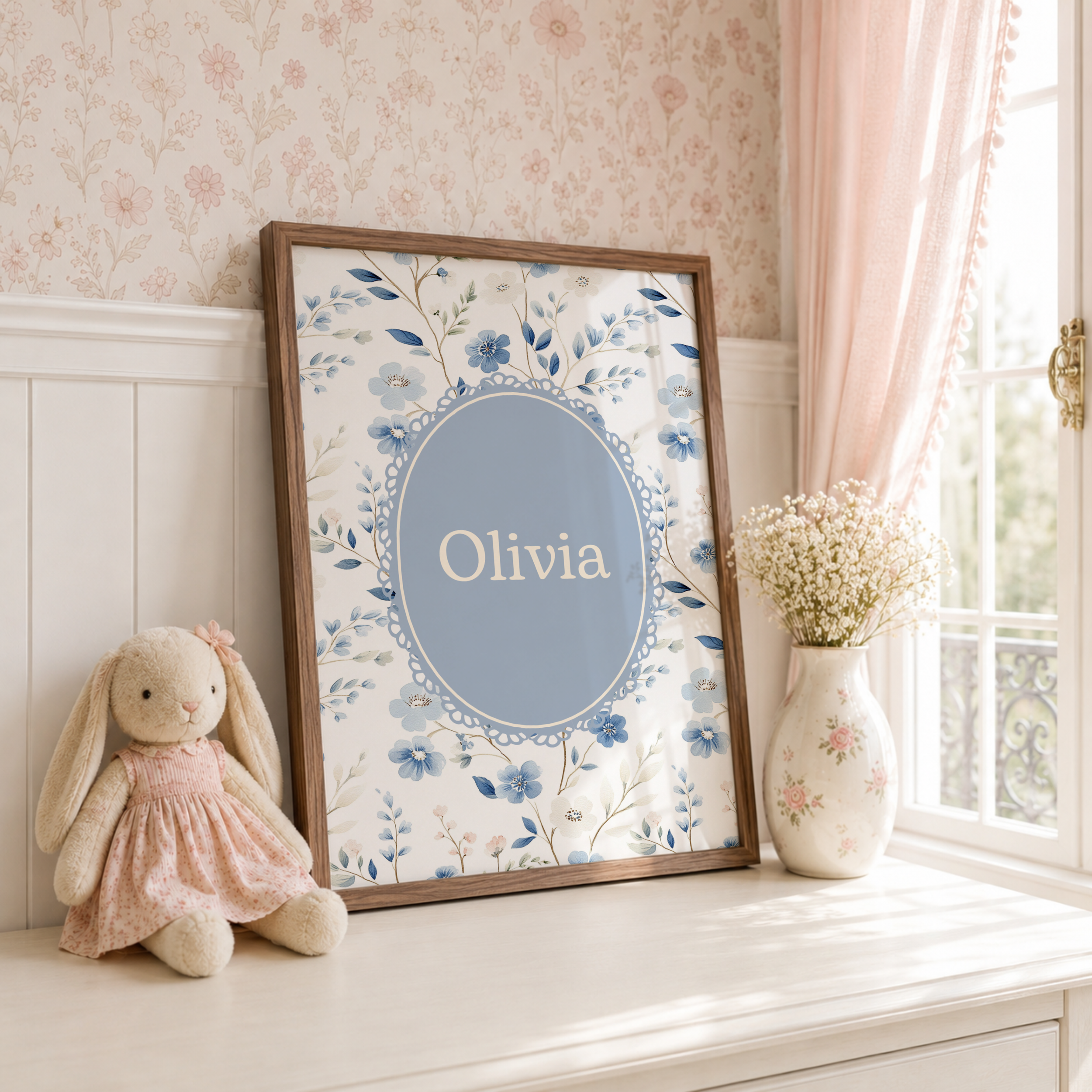Personalised Nursery Name Print, Blue Floral Nursery Decor,