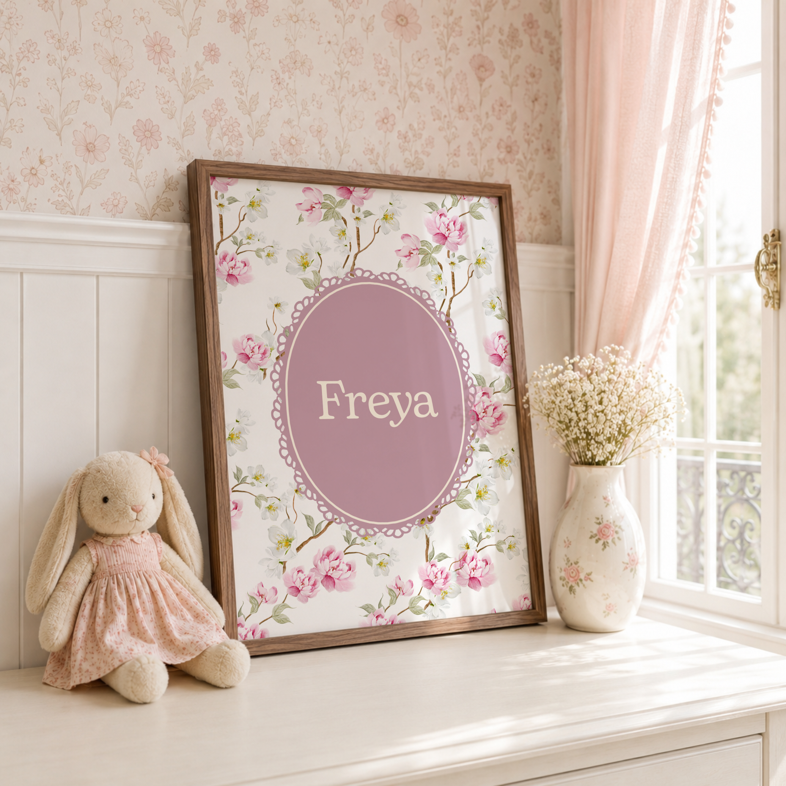Pink Floral Personalised Nursery Name Print