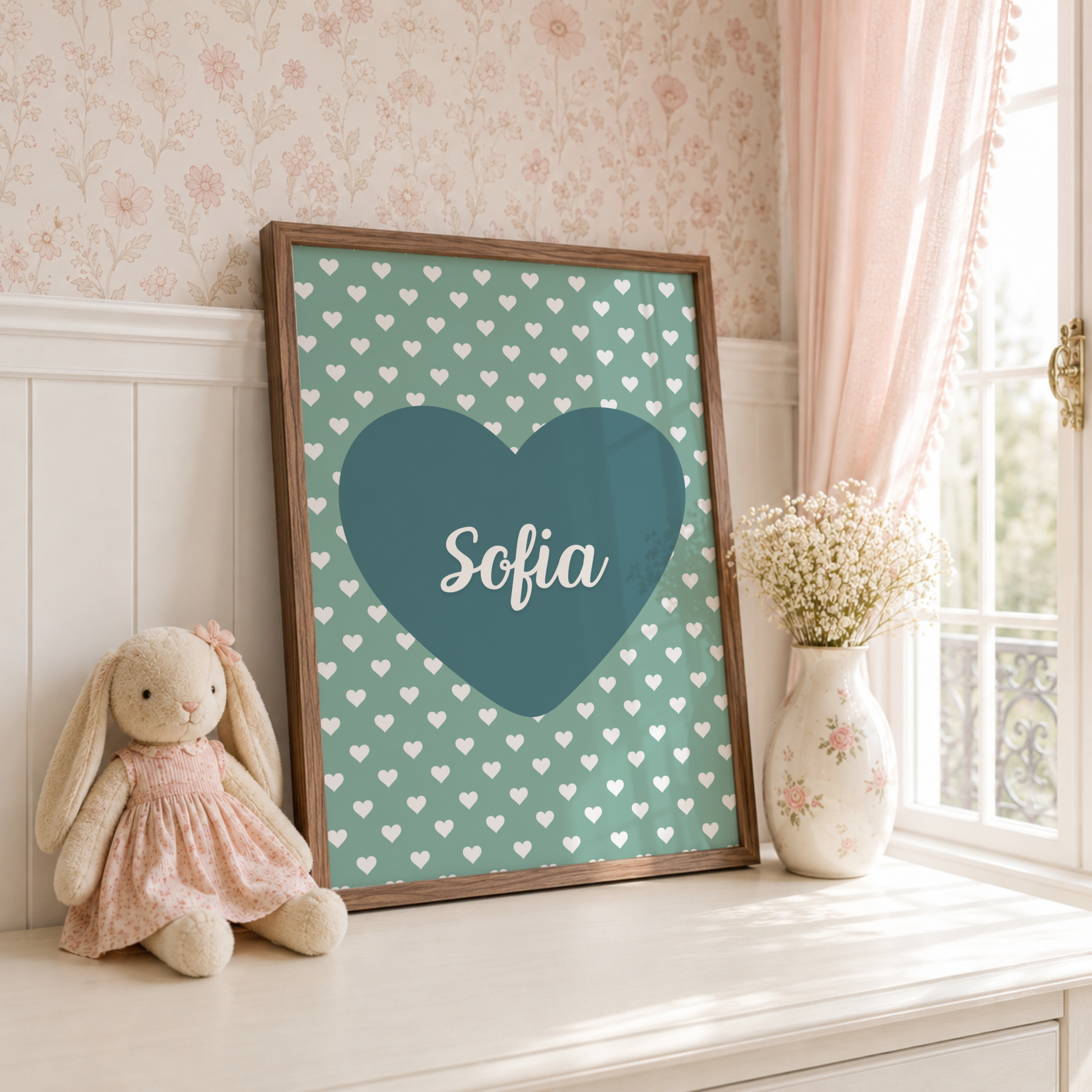 Personalised Sage Green Heart Name Print