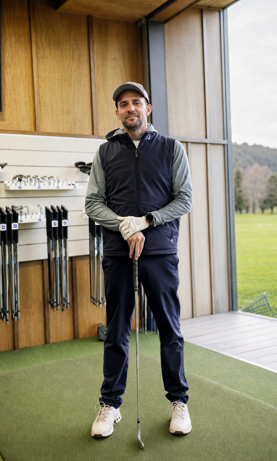 A man dressed in golf attire standing indoors, holding a golf club, with golf clubs and equipment behind him, and a view of a golf course outside.