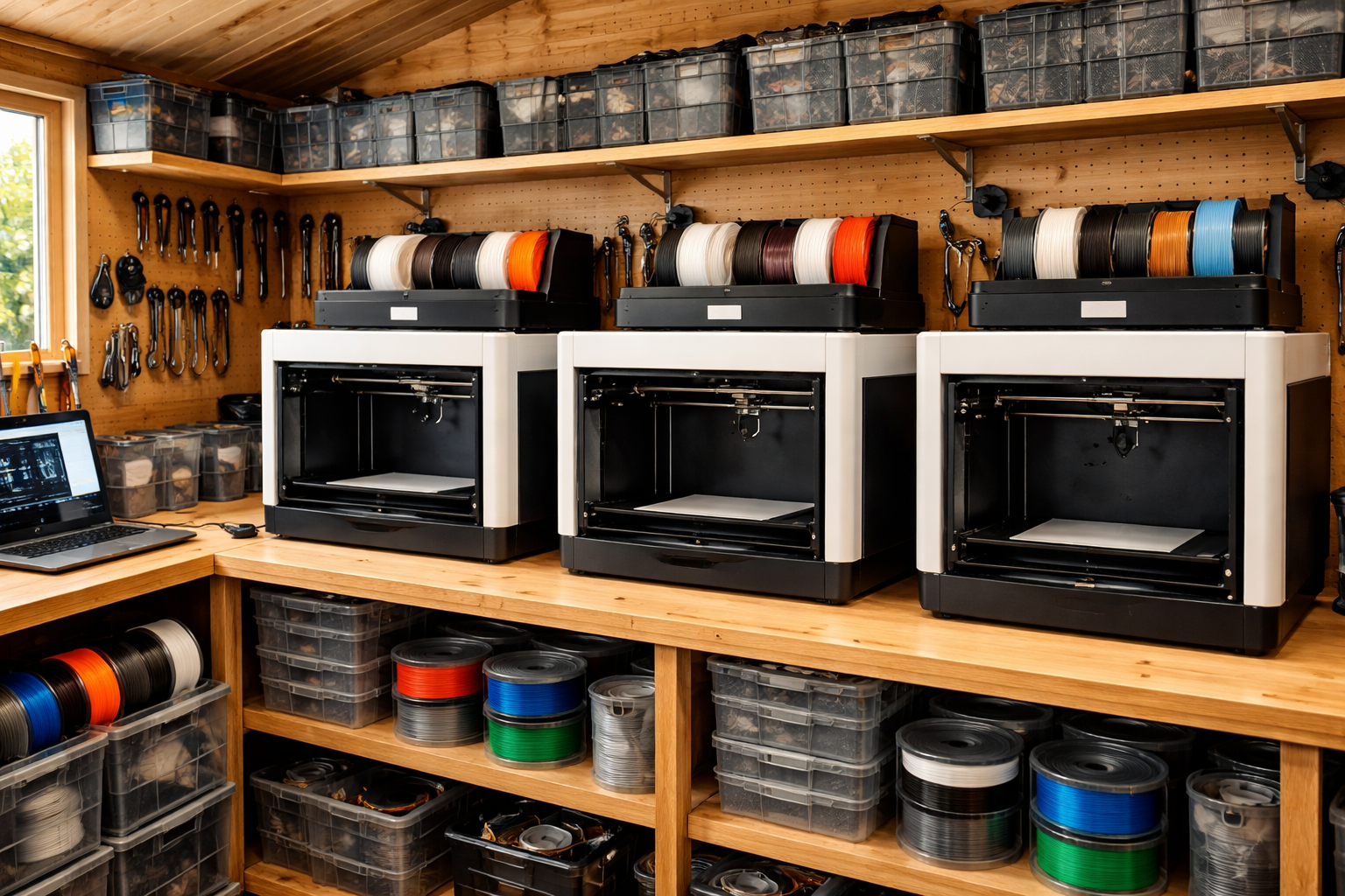 Workstation with three 3D printers on a wooden shelf, spool holders with colorful filament, and storage bins with supplies, in a workshop with pegboard wall and a laptop.