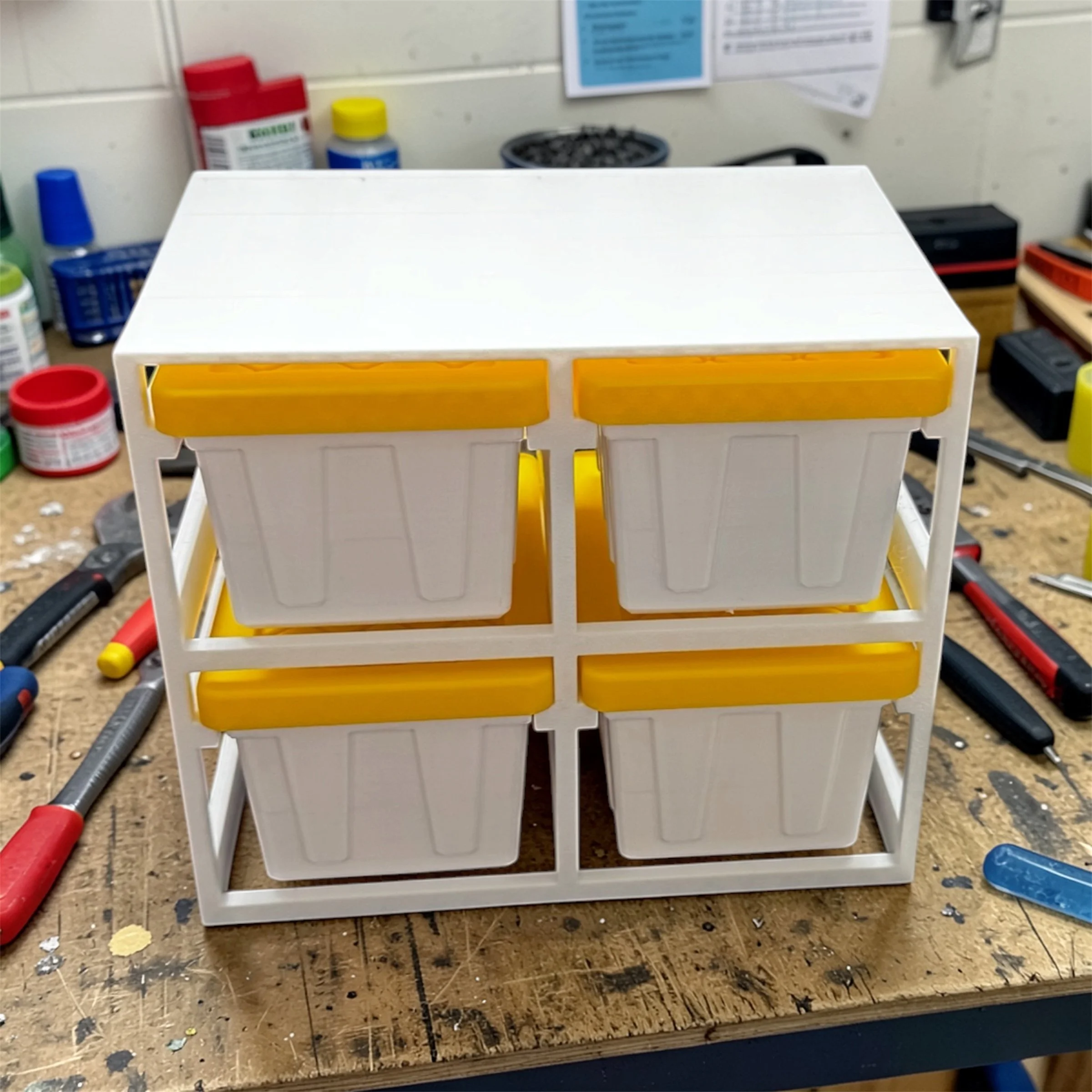 Plastic storage bin organizer with four compartments on a workbench surrounded by tools and supplies.