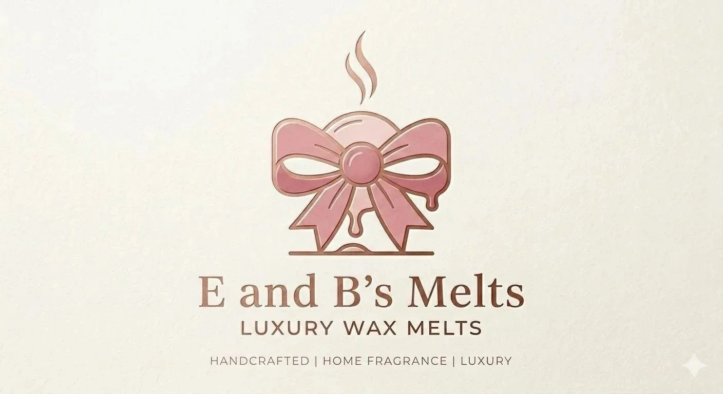 Logo for E and B's Melts, a luxury wax melt brand, featuring a pink wax melt with a bow and steam, with the text 'Luxury Wax Melts' and descriptors 'Handcrafted, Home Fragrance, Luxury'.