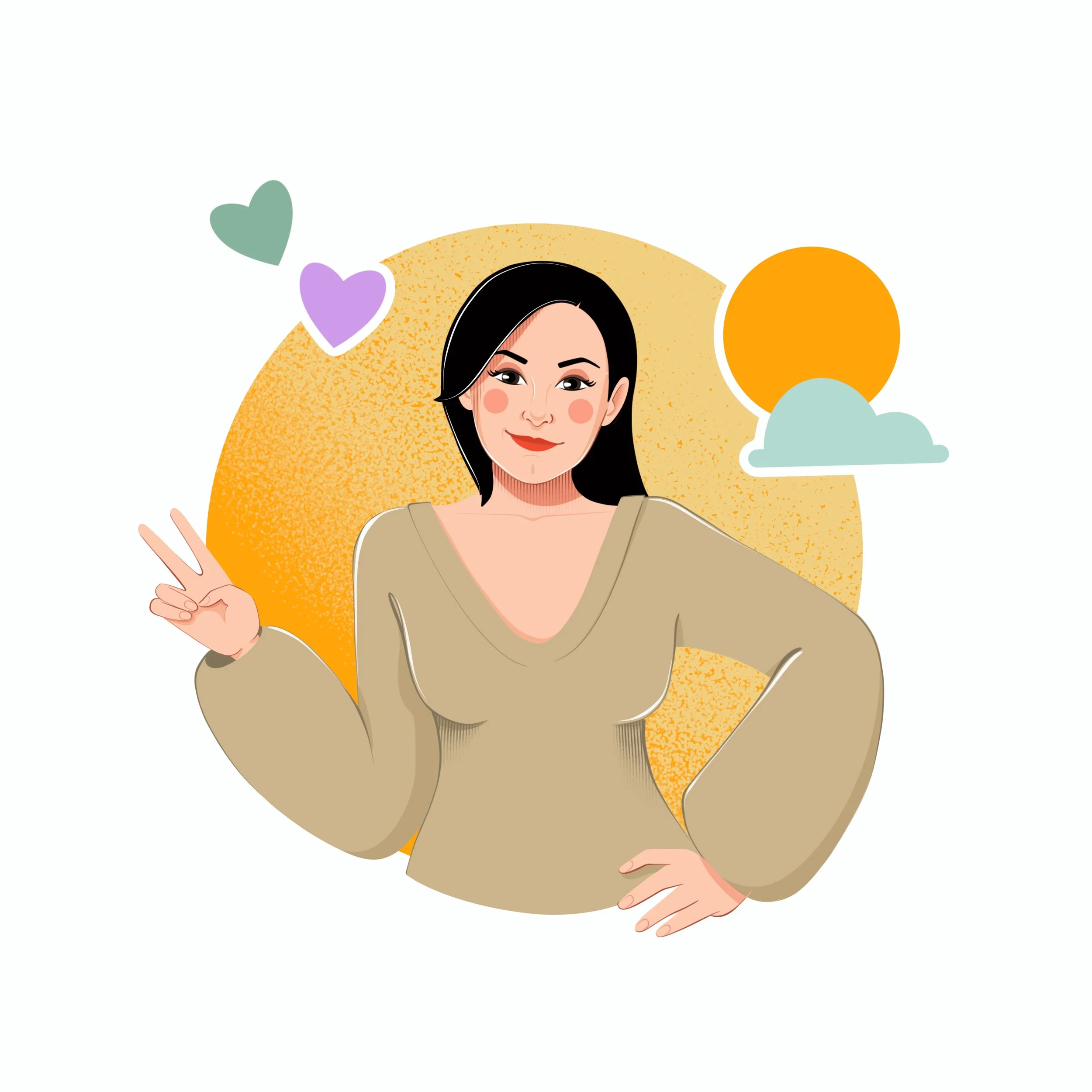 Illustrazione digitale di una donna con capelli neri, sorriso e posa con due dita possono, sfondo con forme geometriche colorate e un grande cerchio arancione.