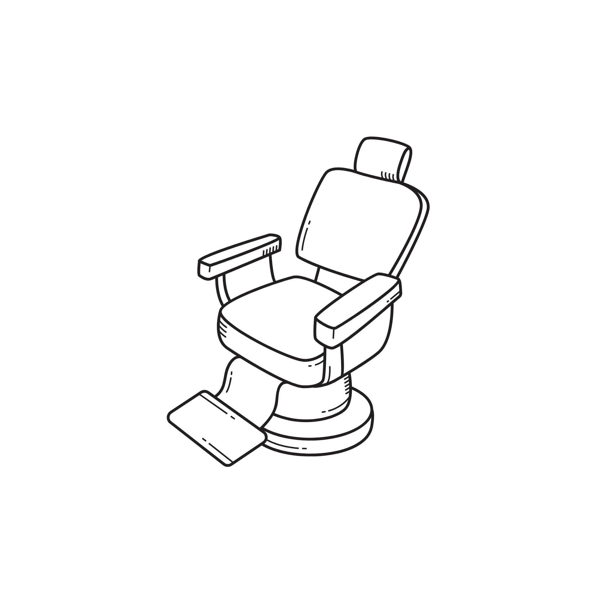 A black-and-white line drawing of a vintage barber chair with armrests, a headrest, and a footrest.