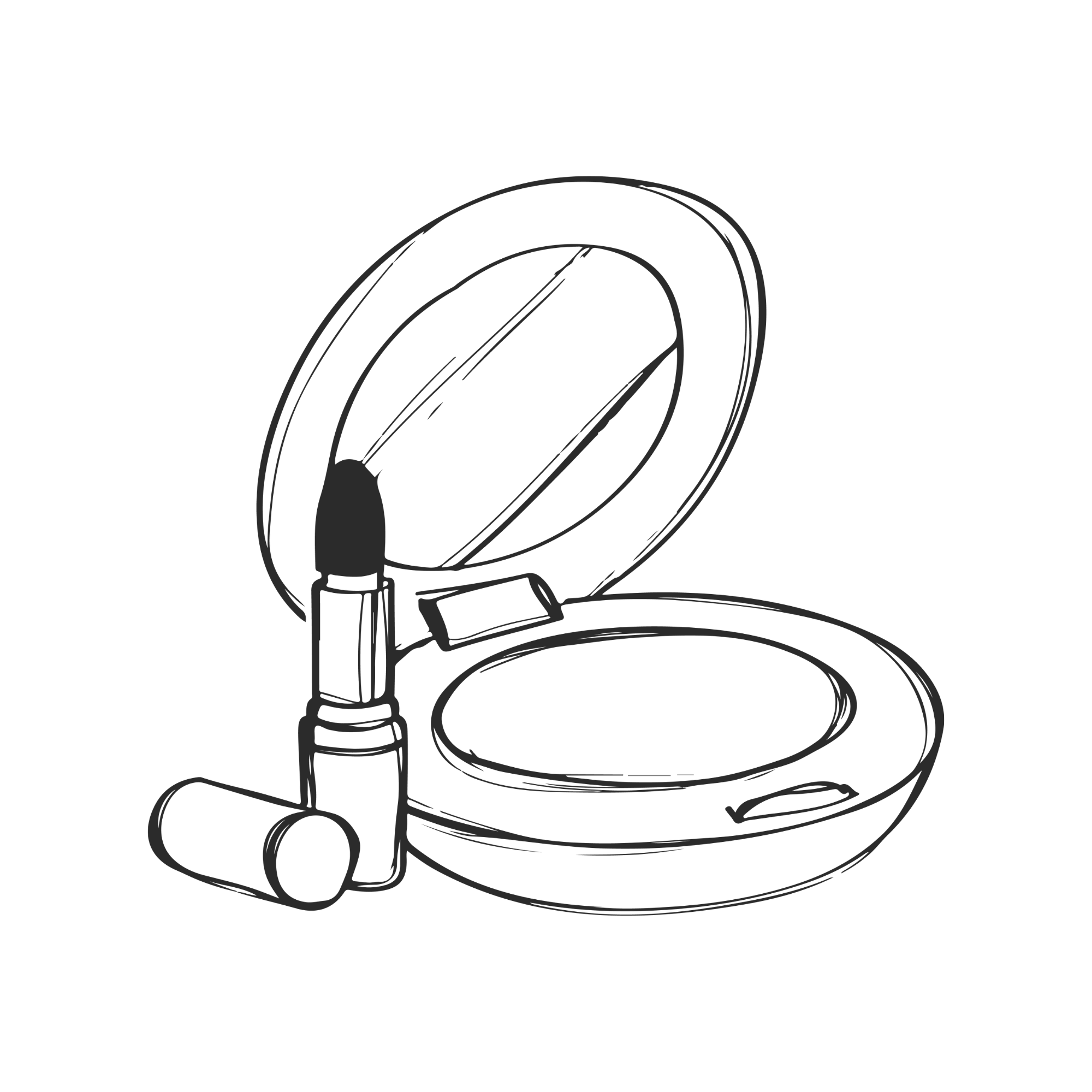 A black and white line drawing of a compact mirror with an open lid, a lipstick, and a lipstick tube lying next to it.