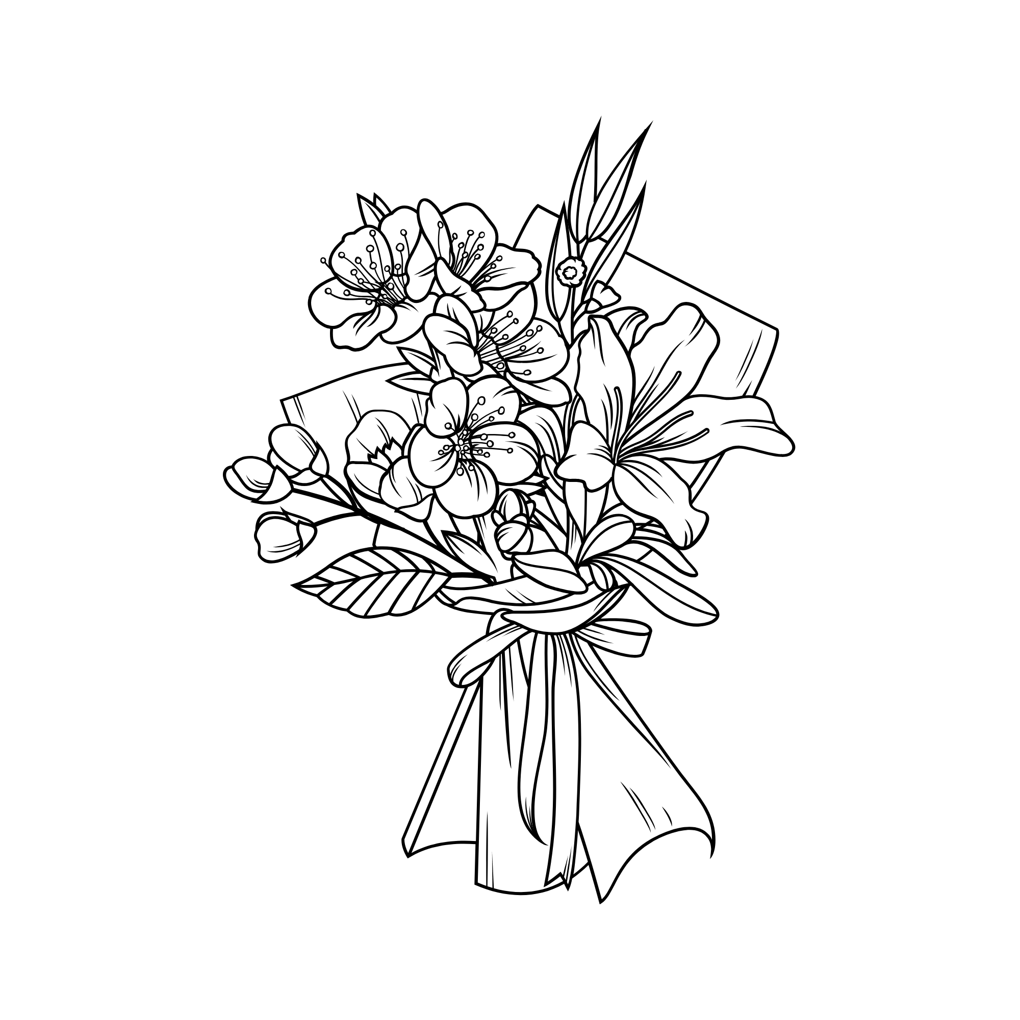 Black and white line drawing of a flower bouquet with various flowers and leaves, wrapped with a ribbon.