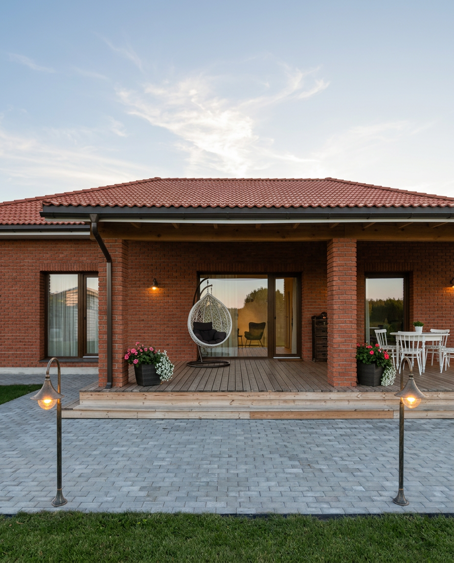 A suburban house with a red tiled roof, brick exterior, and a wooden porch with outdoor furniture, including a hanging chair, potted flowers, a patio table with chairs, and decorative lighting.