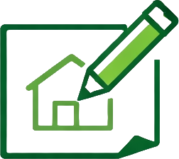 Green and purple illustration of a house with a pencil drawing or editing it, on a white background.