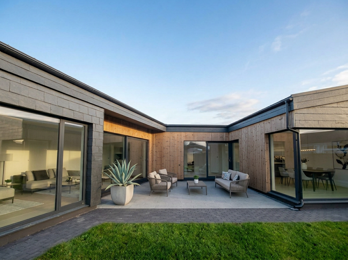 Modern house with a shared outdoor patio area featuring outdoor furniture, a large potted plant, and sliding glass doors, under a blue sky.