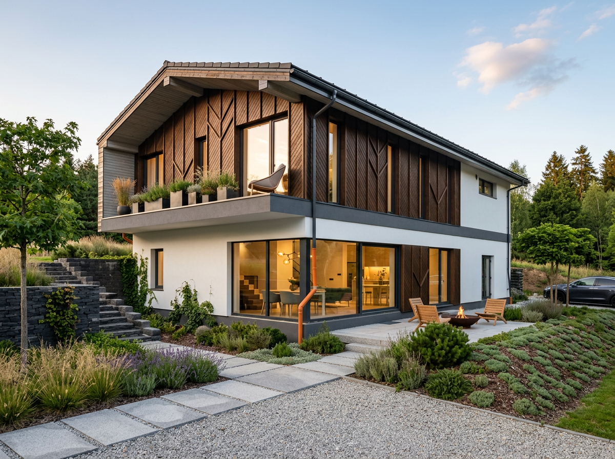 Modern two-story house with a mix of wood and white exterior, large glass windows, front yard with outdoor seating, and landscaped garden.