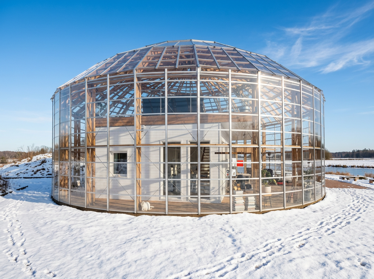 Round greenhouse with glass panels and wooden frame in snowy landscape under a blue sky.