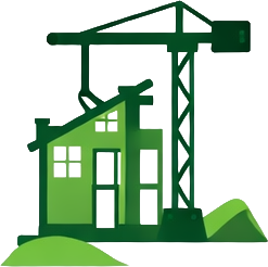Illustration of a construction site with a crane and a partially built house, featuring a green color scheme.