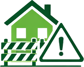 A green house with construction warning signs and barricades around it, indicating a building or repair site.