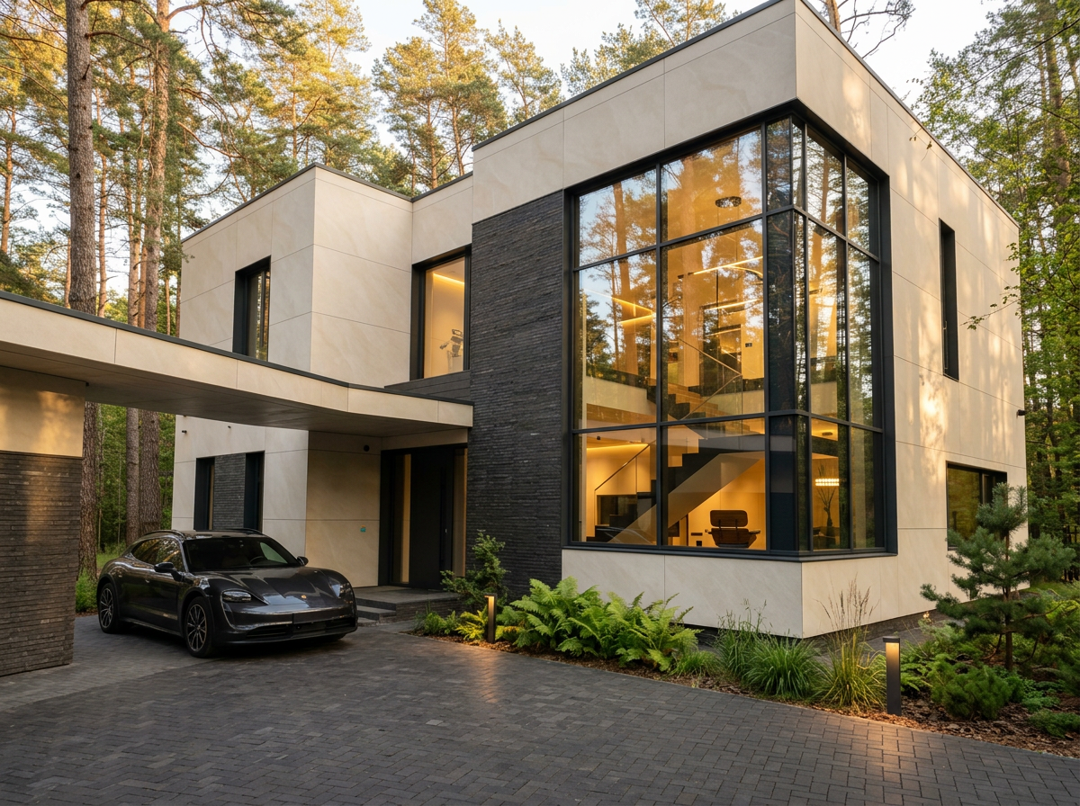 Modern two-story house with large glass windows, surrounded by trees, with a driveway and a black sports car parked out front.