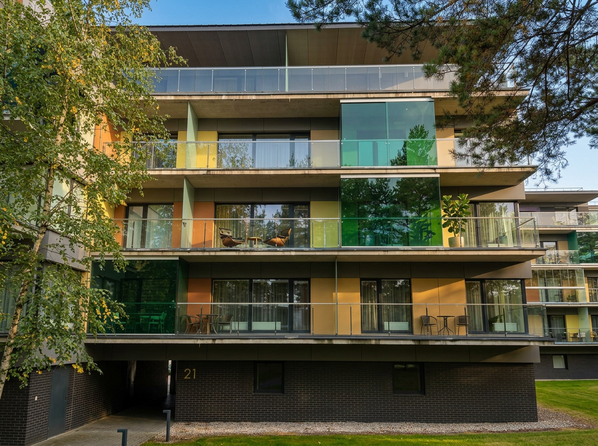 Modern multi-story apartment building with glass balconies and colorful exterior panels, surrounded by trees.