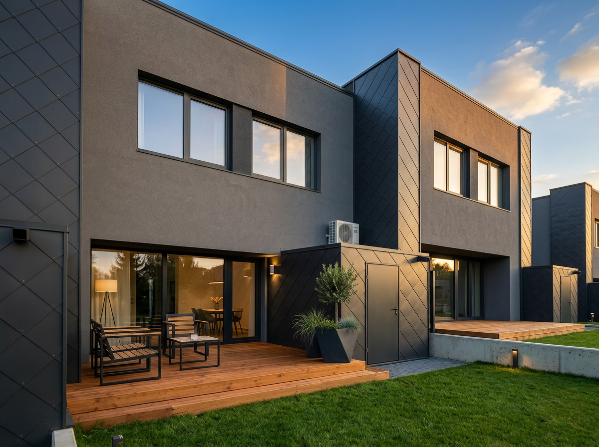 Modern townhouse with gray and black exterior, large windows, wooden patio with seating, potted plants, and a well-maintained lawn, during sunset.