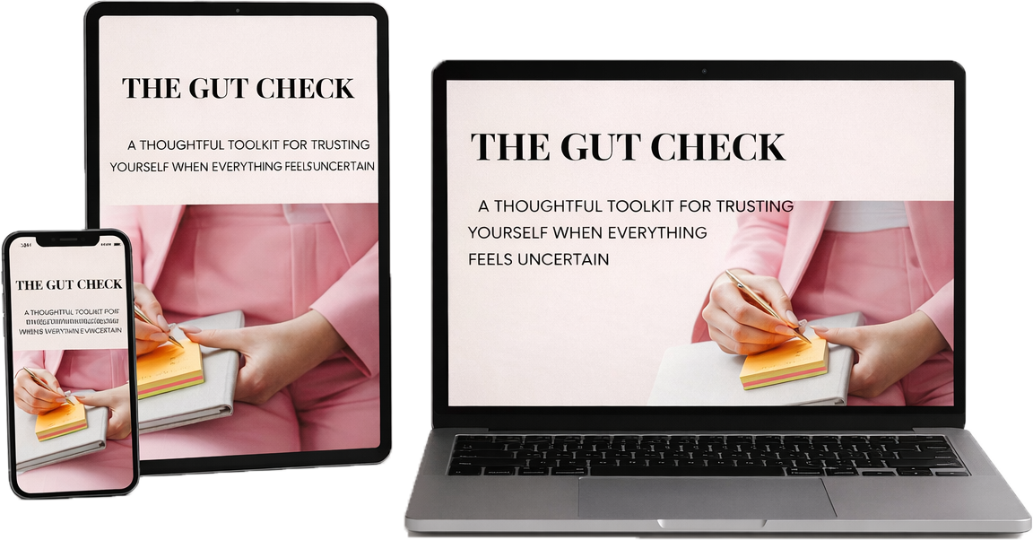 Multiple electronic devices displaying the same website titled "The Gut Check" with a subtitle about trusting oneself, featuring a person in a pink suit writing in a notebook.
