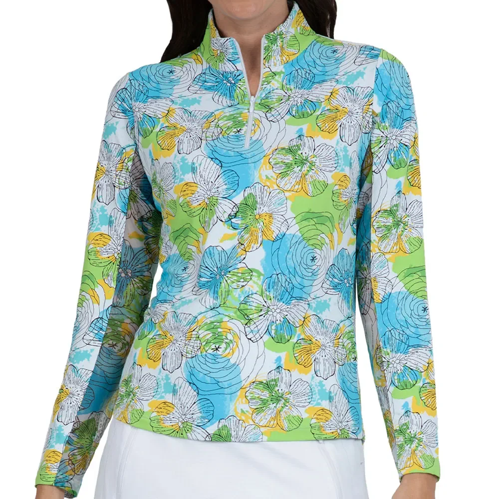 IBKUL Women's Paddy Print Mock Long Sleeve Zip Top Paddy Lime Multi - Size: XXL