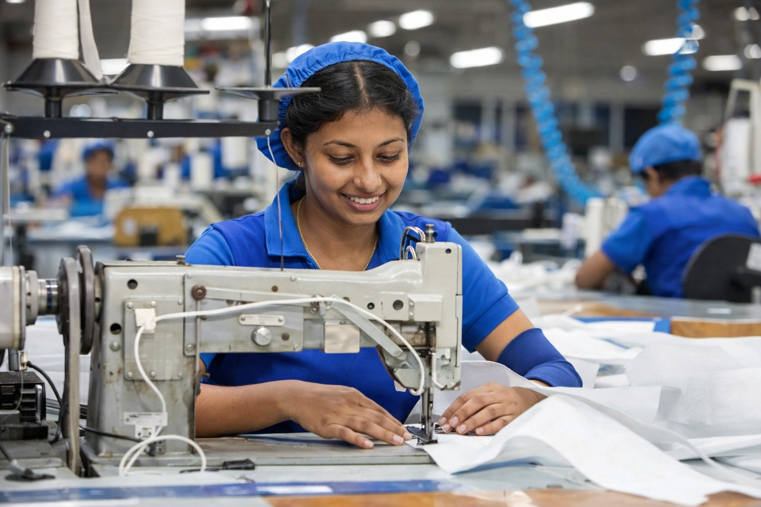 A woman sewing fabric on a sewing machine in a factory, with other workers in the background.