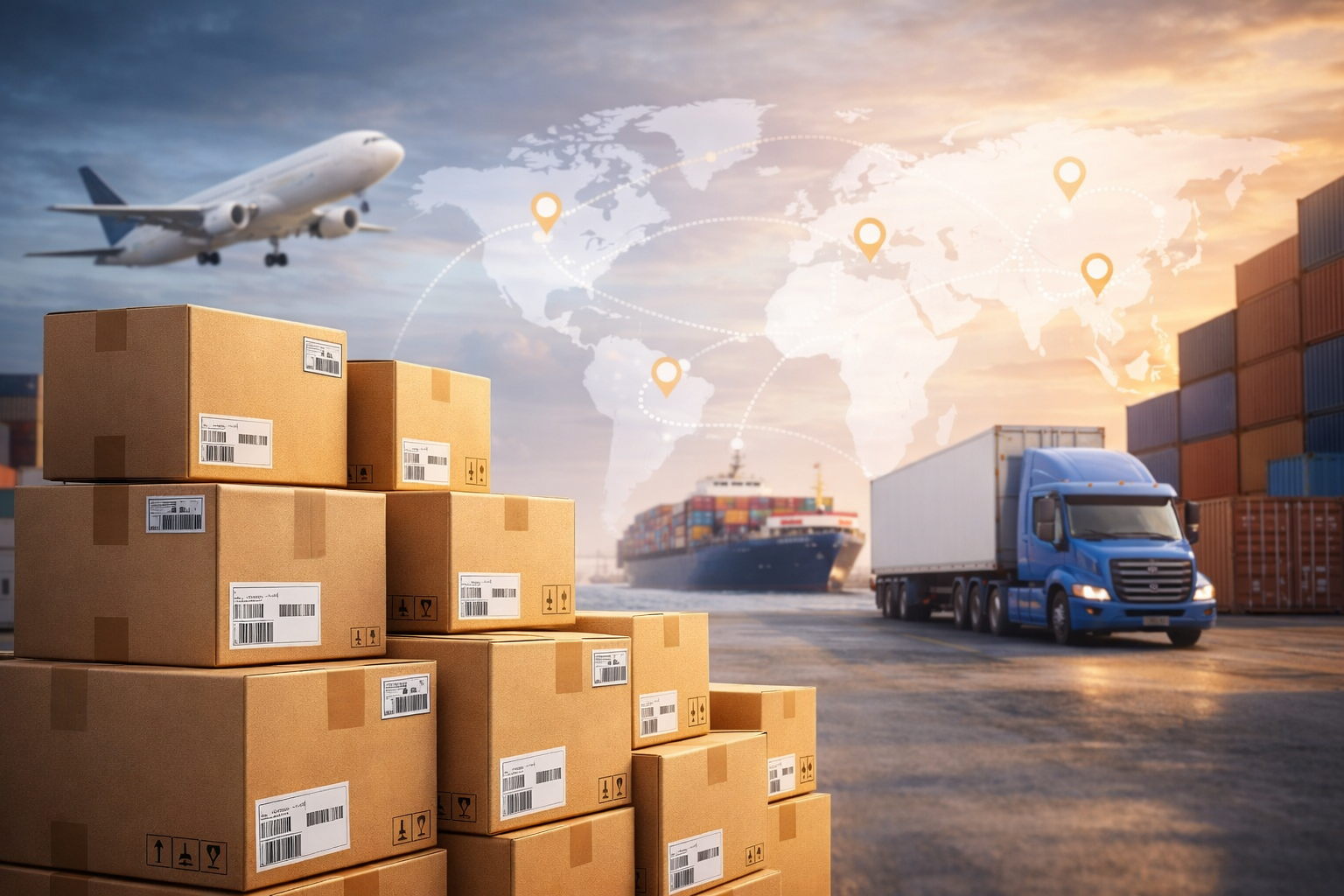Cargo boxes stacked at a shipping port with an airplane flying overhead, a cargo ship in the water, and a truck transporting goods. A world map with connected location markers is in the background.