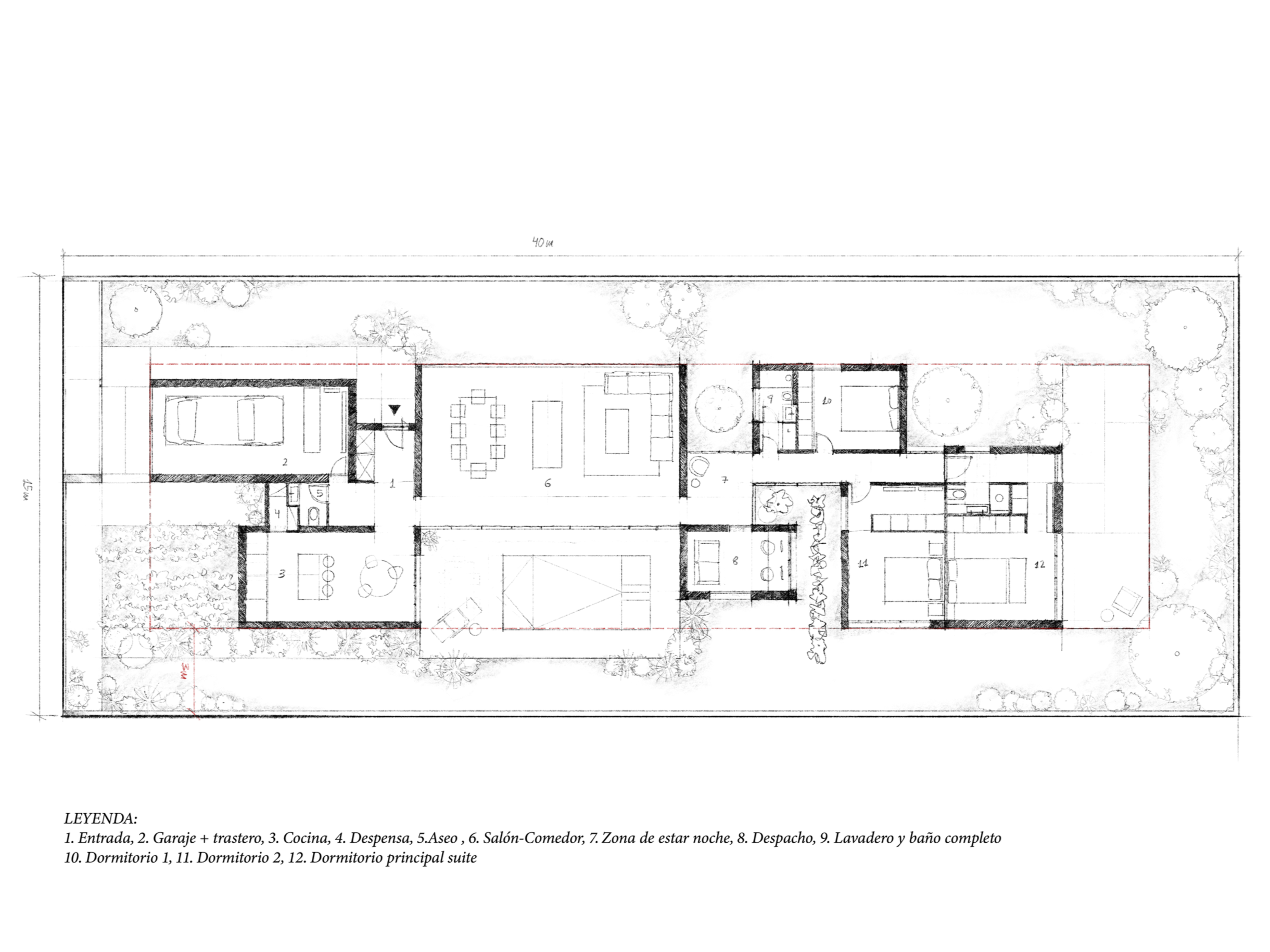 Un diagrama esquemático en color negro y rojo que representa una estructura, posiblemente un circuito eléctrico o mecanismo, con varias conexiones y componentes distribuidos en distintas secciones.