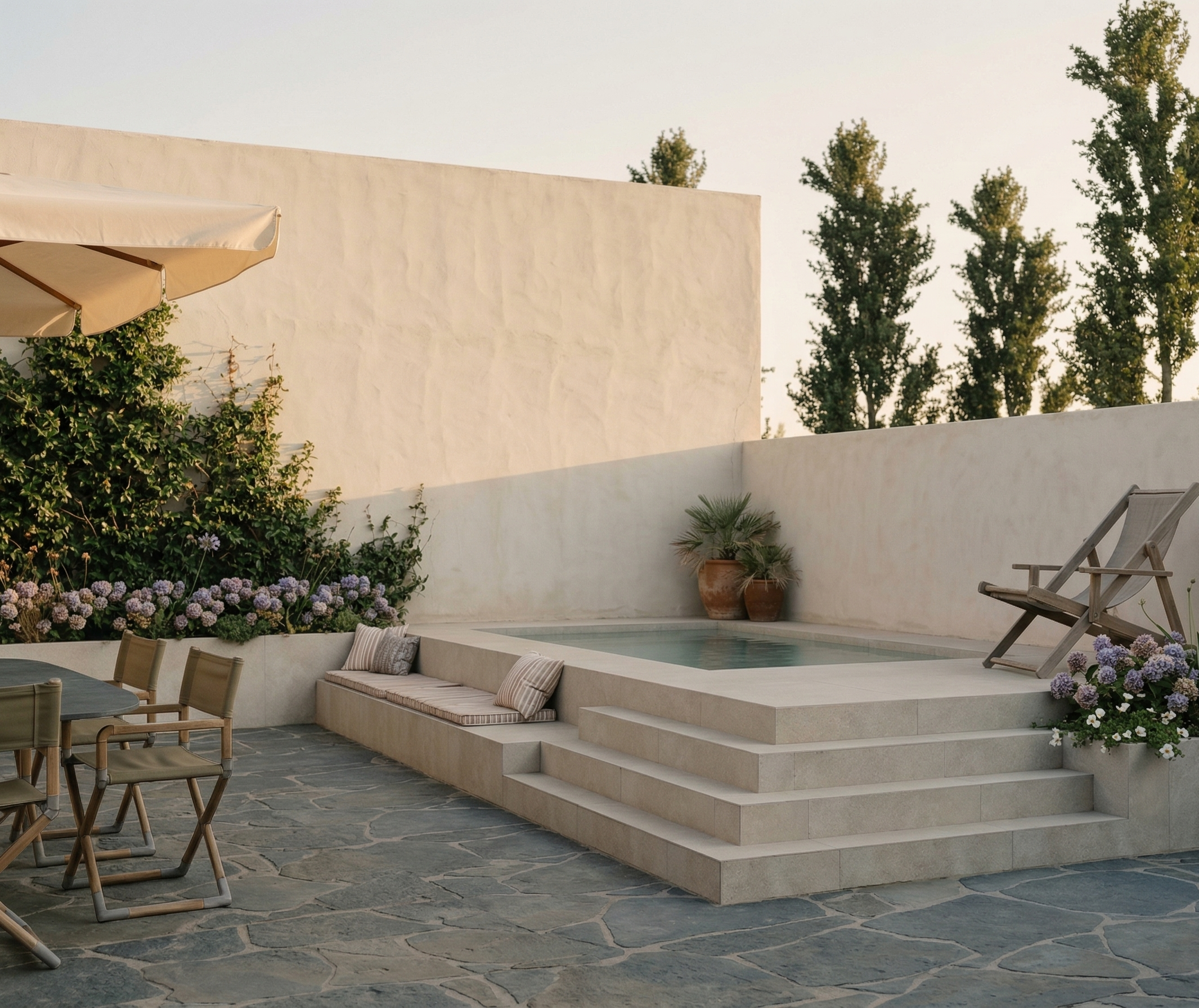 Vista de un patio con piscina de fondo, rodeada de sillas de mimbre y mesa de comedor, con un muro blanco y árboles verdes en el fondo.