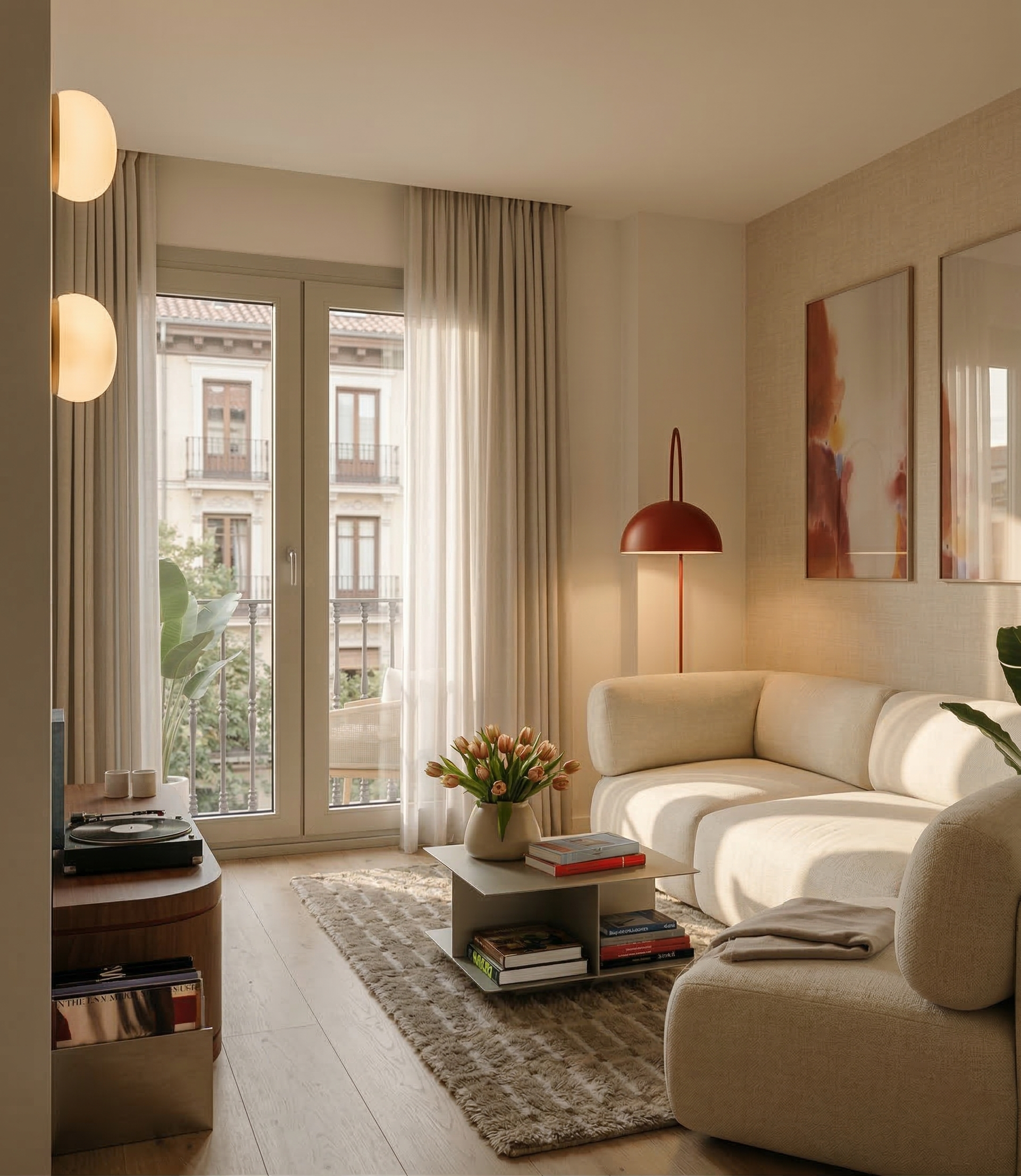 Interior de una sala de estar luminosa con ventanas grandes, cortinas blancas, un sofá beige, una mesa de centro con libros y flores, y paredes decoradas con pinturas abstractas.
