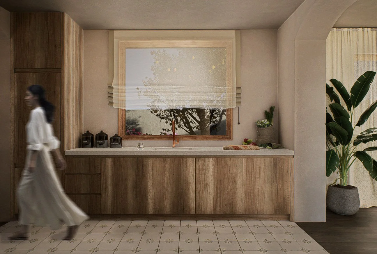 Interior de cocina con madera clara, ventana con vista de árbol y plantas, mujer caminando con vestido largo