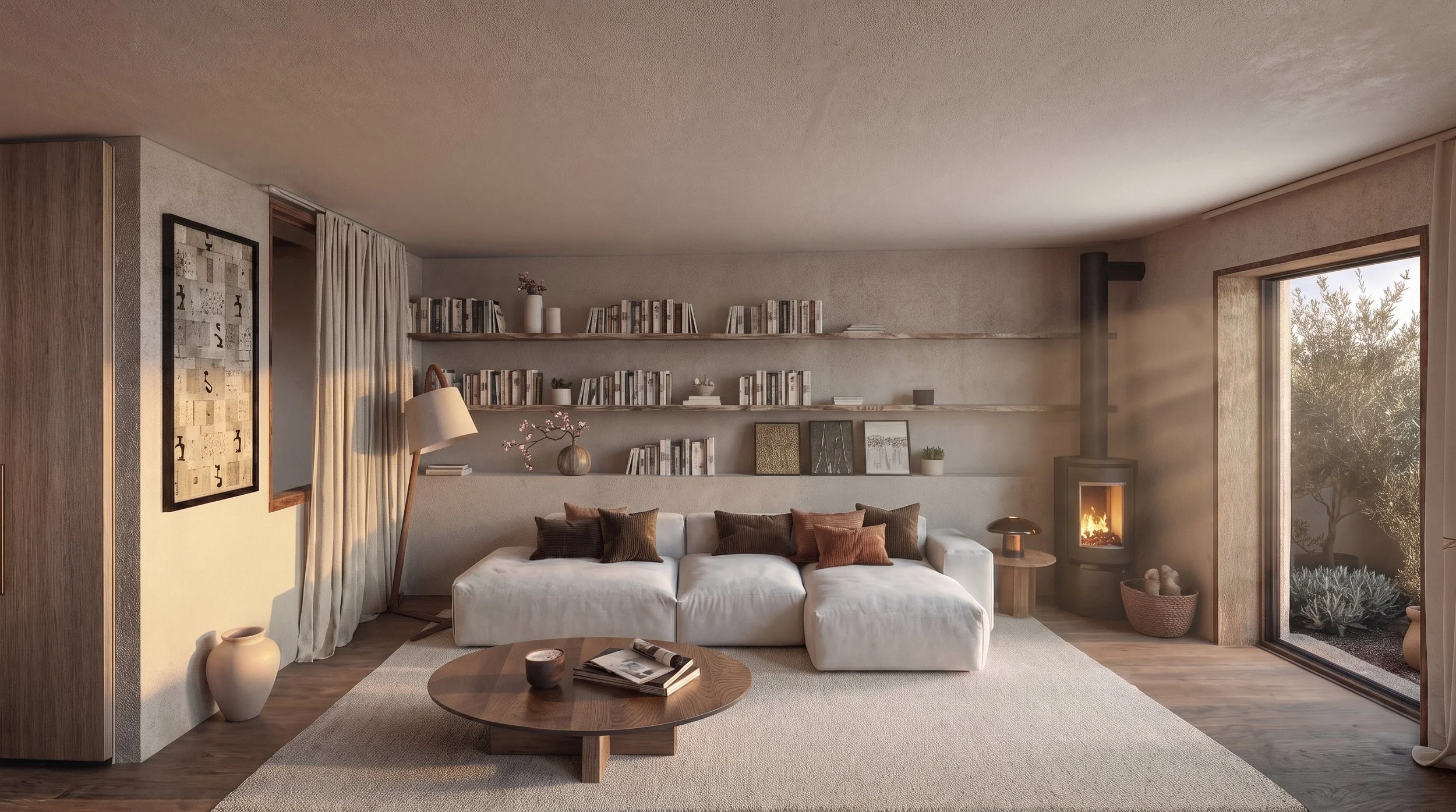 Sala de estar con sofá blanco, mesa de centro de madera, estanterías con libros, un árbol decorativo, y una chimenea encendida junto a la ventana grande que deja ver el exterior con árboles.