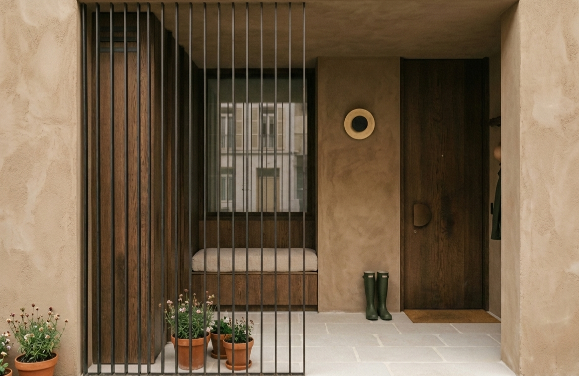 Vista de la entrada de una casa con paredes de color beige, un portón de madera con puertas de metal negras, una ventana con vista a edificios, plantas en macetas, y unas botas verdes en el suelo cerca de la puerta.