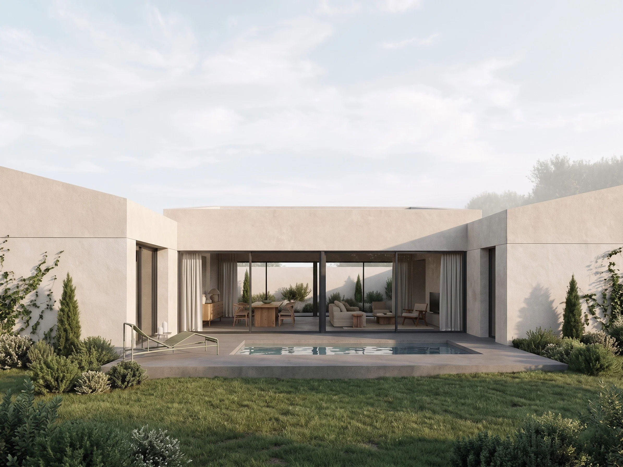 Vivienda moderna con área de piscina, jardín y vista a la sala de estar interior a través de grandes ventanales.