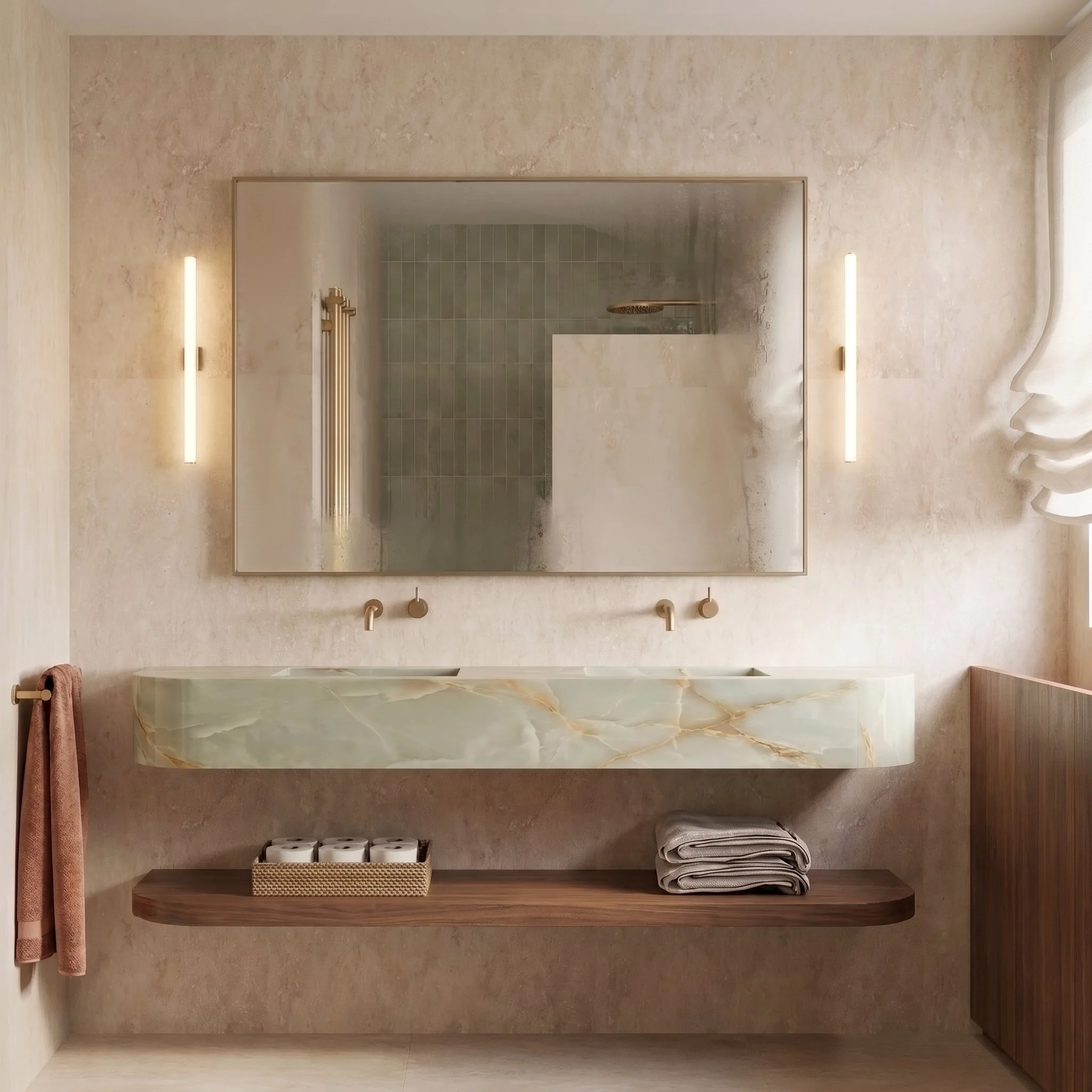 Espejo rectangular en la pared de un baño, con luces LED a ambos lados, lavabo de mármol beige, estante de madera con toallas y caja de papel higiénico debajo.