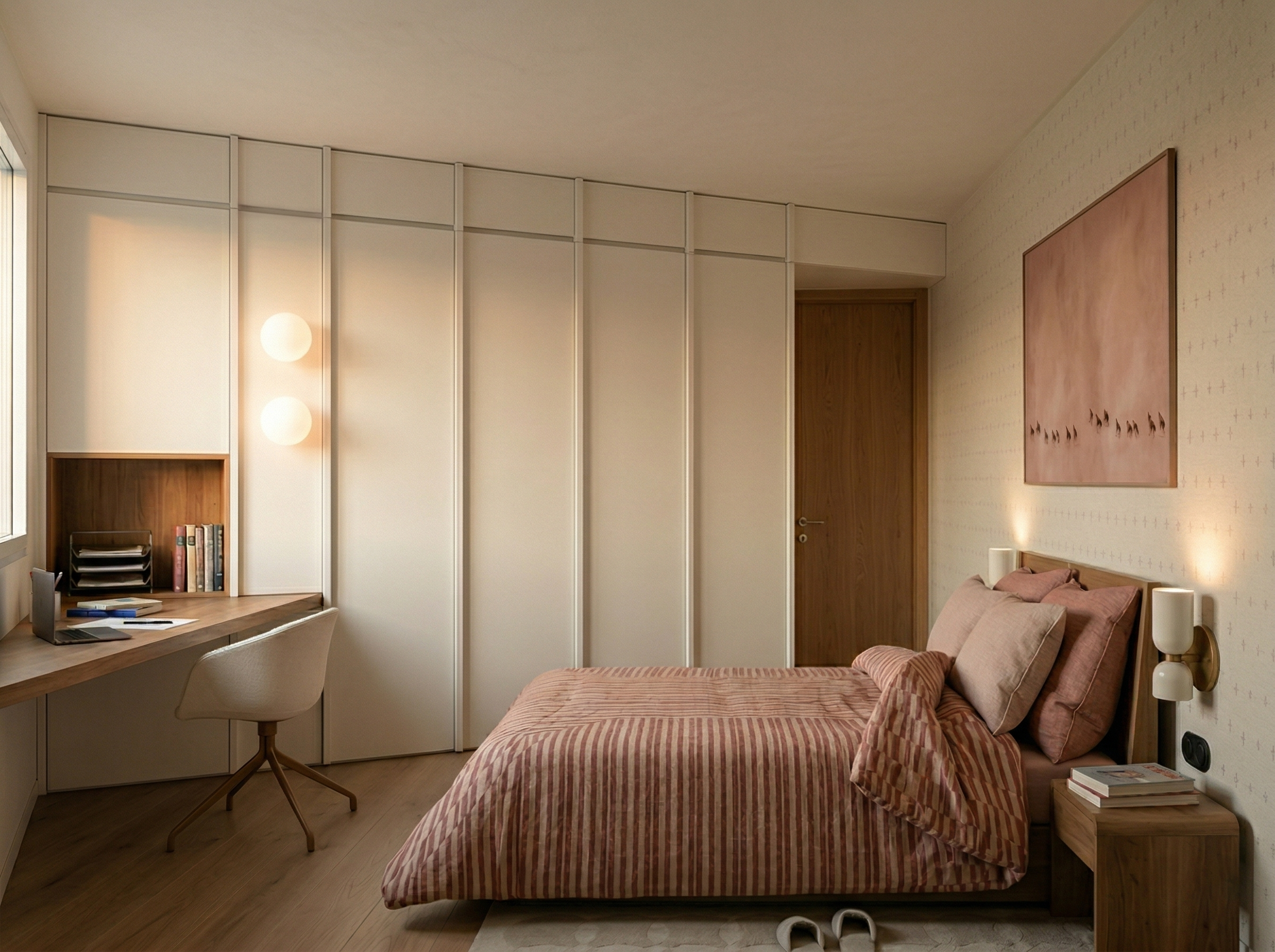 Habitación moderna con cama de dosel, cuadros en la pared, escritorio con silla, estantería, y iluminación suave.