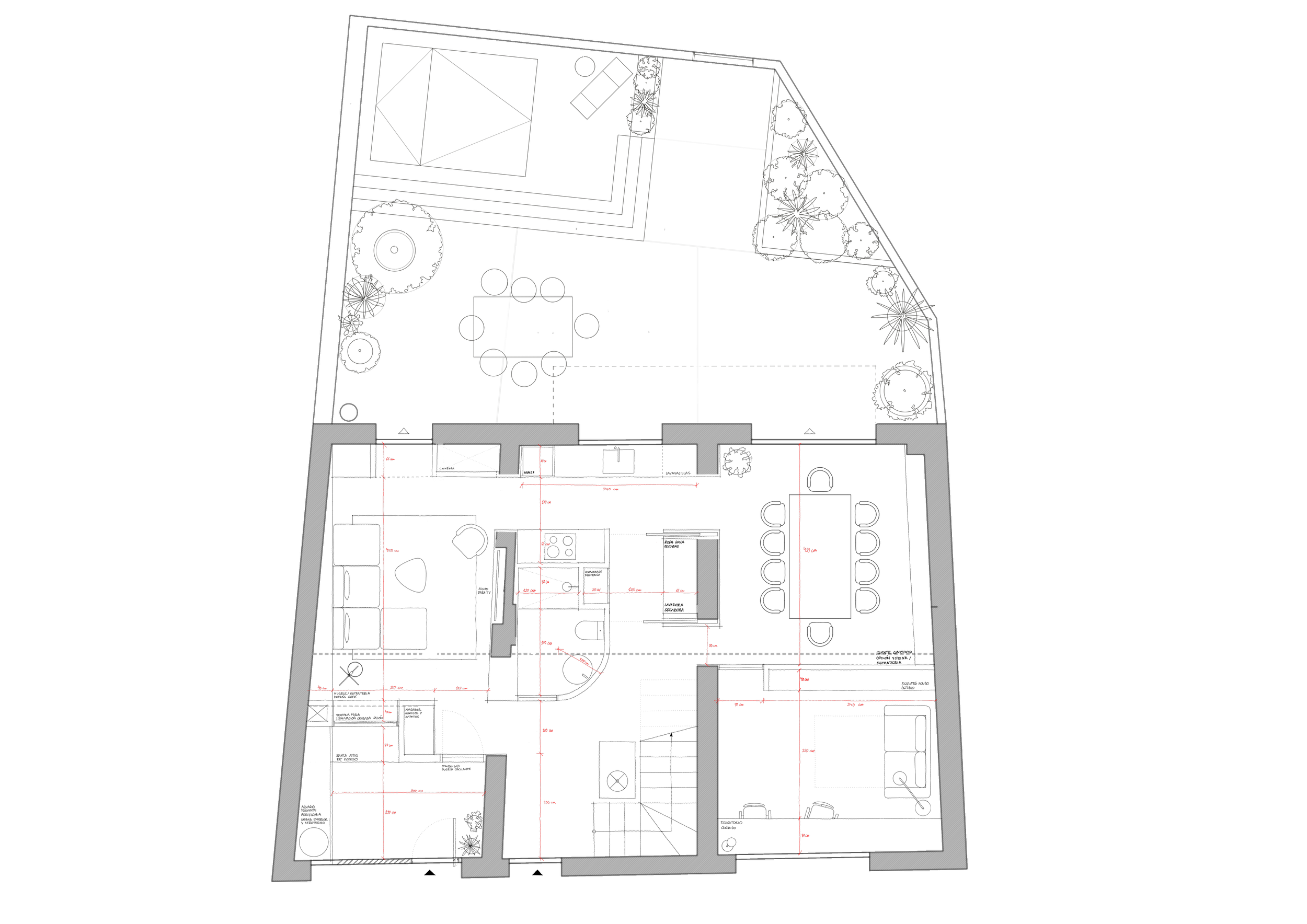 Plano arquitectónico de una vivienda con medidas marcadas en rojo.