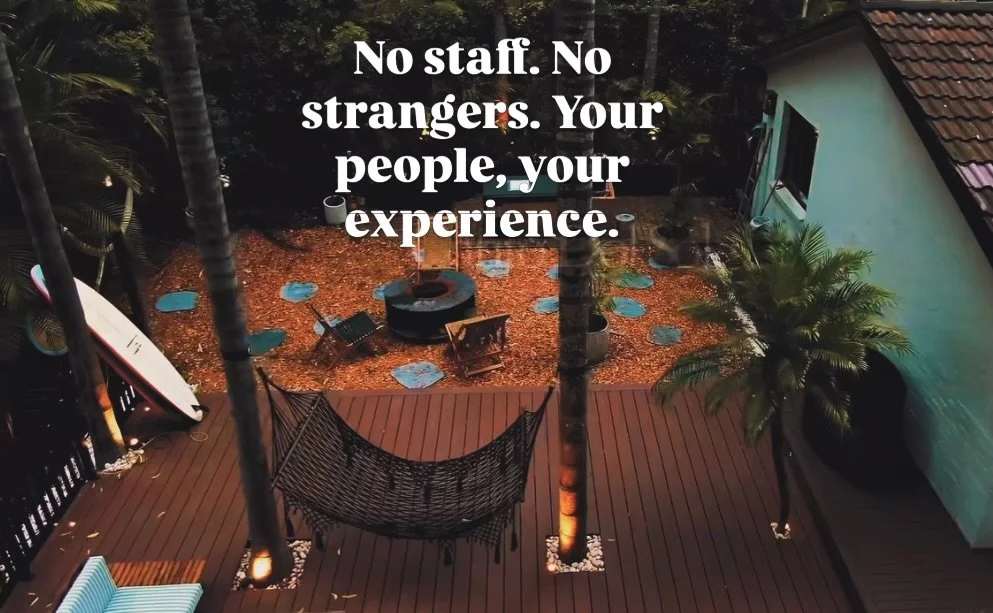 A private wellness house on the Central Coast.
Hire the whole space &mdash; no staff, no strangers.
Sauna &middot; Hot yoga &middot; Red light &middot; Cold immersion &middot; outdoor shower &middot; wood fuelled hot tub &middot; outdoor / indoor yog