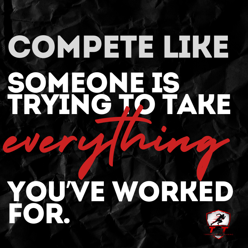 Motivational quote on a crumpled black background saying, "Compete like someone is trying to take everything you've worked for," with the word "everything" in red cursive and the rest in white bold text.