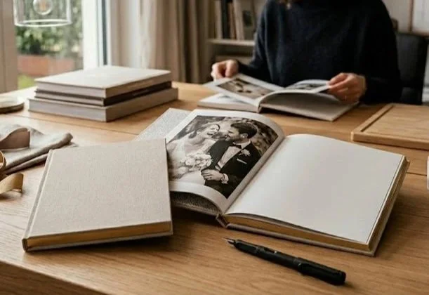Eine Person sitzt an einem Schreibtisch, umgeben von mehreren offenen Fotoalben und Büchern, während sie Fotos in einem Album betrachtet.