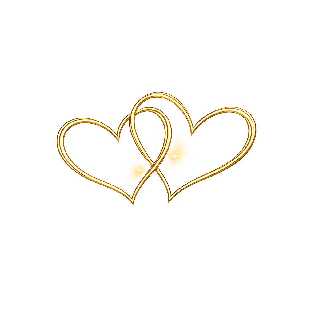 Drei goldene Herzen, verbunden und umrandet mit einem goldenen Rahmen, auf schwarzem Hintergrund.