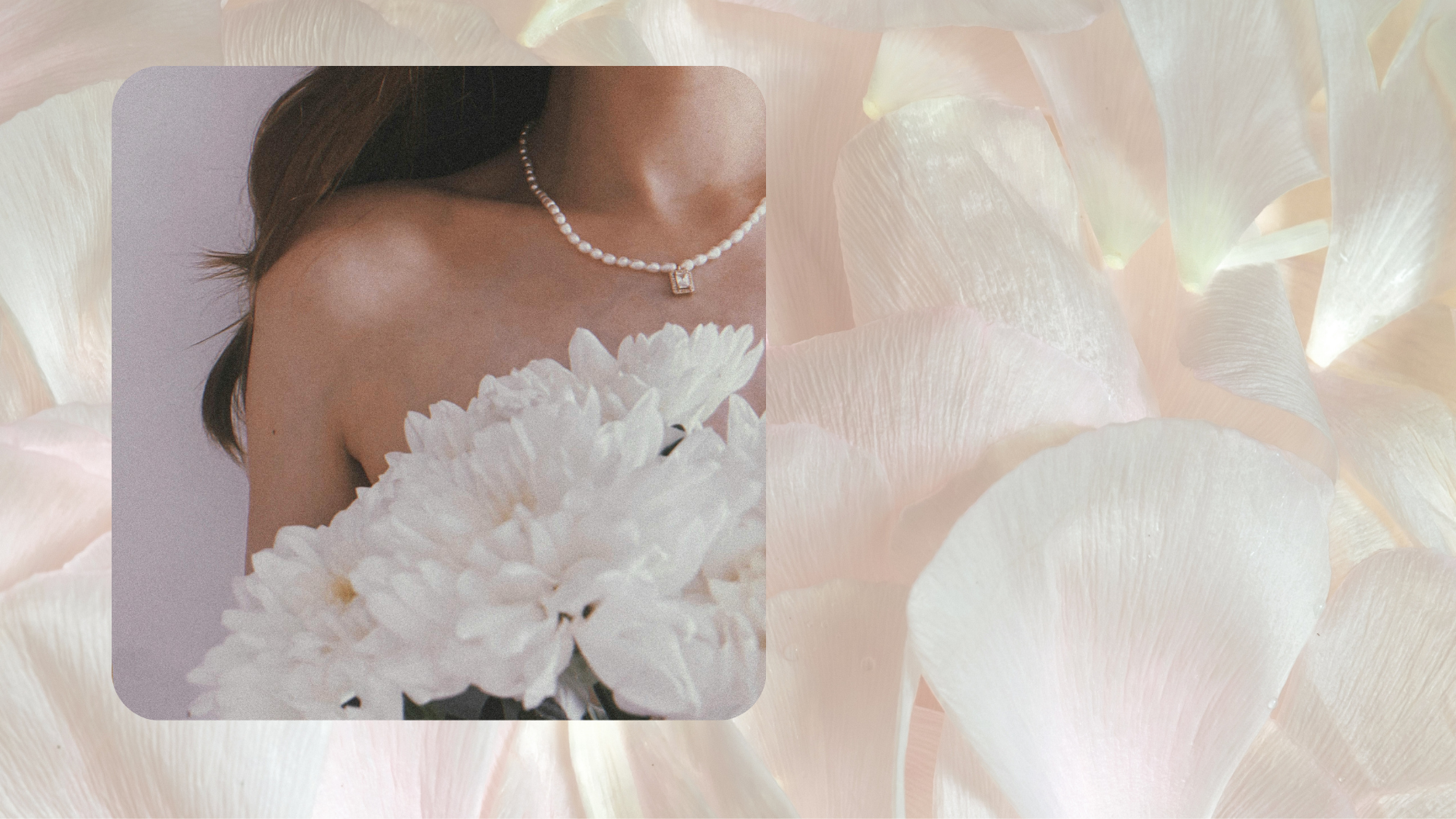 A woman holding white peony flowers, wearing an off-shoulder top and a pearl necklace with a square pendant.