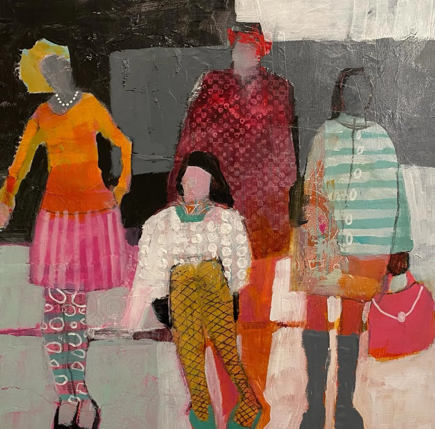 Pink Bag and Green shoes. Acrylic and collage on wood. 35cm x35cm #pinkbag #goingout #fourfreinds #acrylicfigurepainting