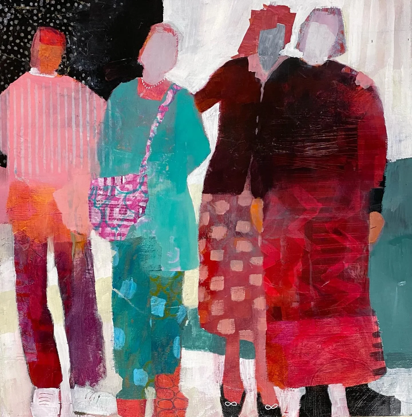 I feel that these four are posing for Photo. So I called it &lsquo;say cheese&rsquo;. Acrylic and Collage on wood panel. 60 cm x60 cm. #photoshoot #saycheese #acrylicfigures #acrylicstudiopaintng #spottyskirt