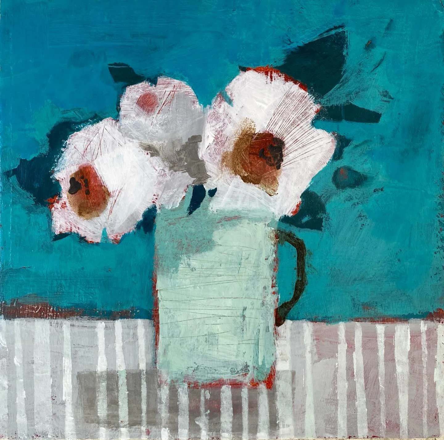 Maybe it&rsquo;s the snow but the flowers needed to be white today. Turquoise is my favourite colour. Keeping it simple. #whiteflowers #simpleflowershapes #acrylicstilllife #redground #keepingitsimple