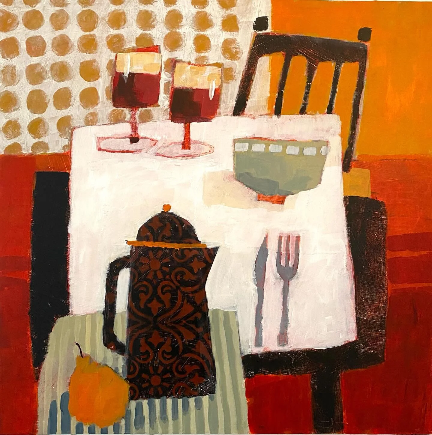 If you scroll across you can see the sketch that started this painting off. I really wanted to use rich saturated red(is it the Xmas feeling?) and contrast it with a muted subtle green gray. Tea for Two. Acrylic and Collage on wood. #teafortwo #richr