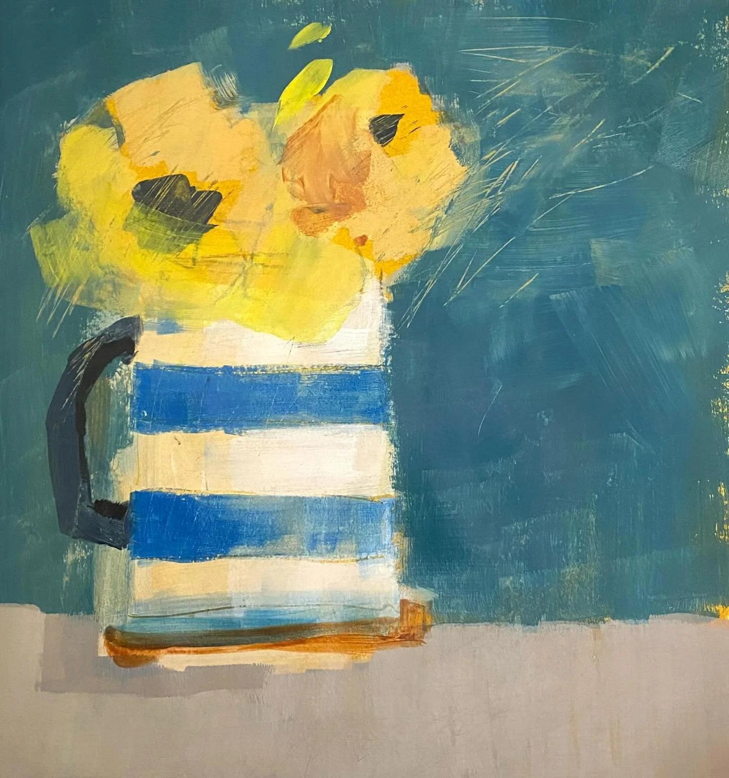 Little Sketch for Thursday evening just before tea. Yellow flowers and blue Cornish jug. #acrylicsketch #studiotime #cornishjug #yellowflowers #studiostilllife