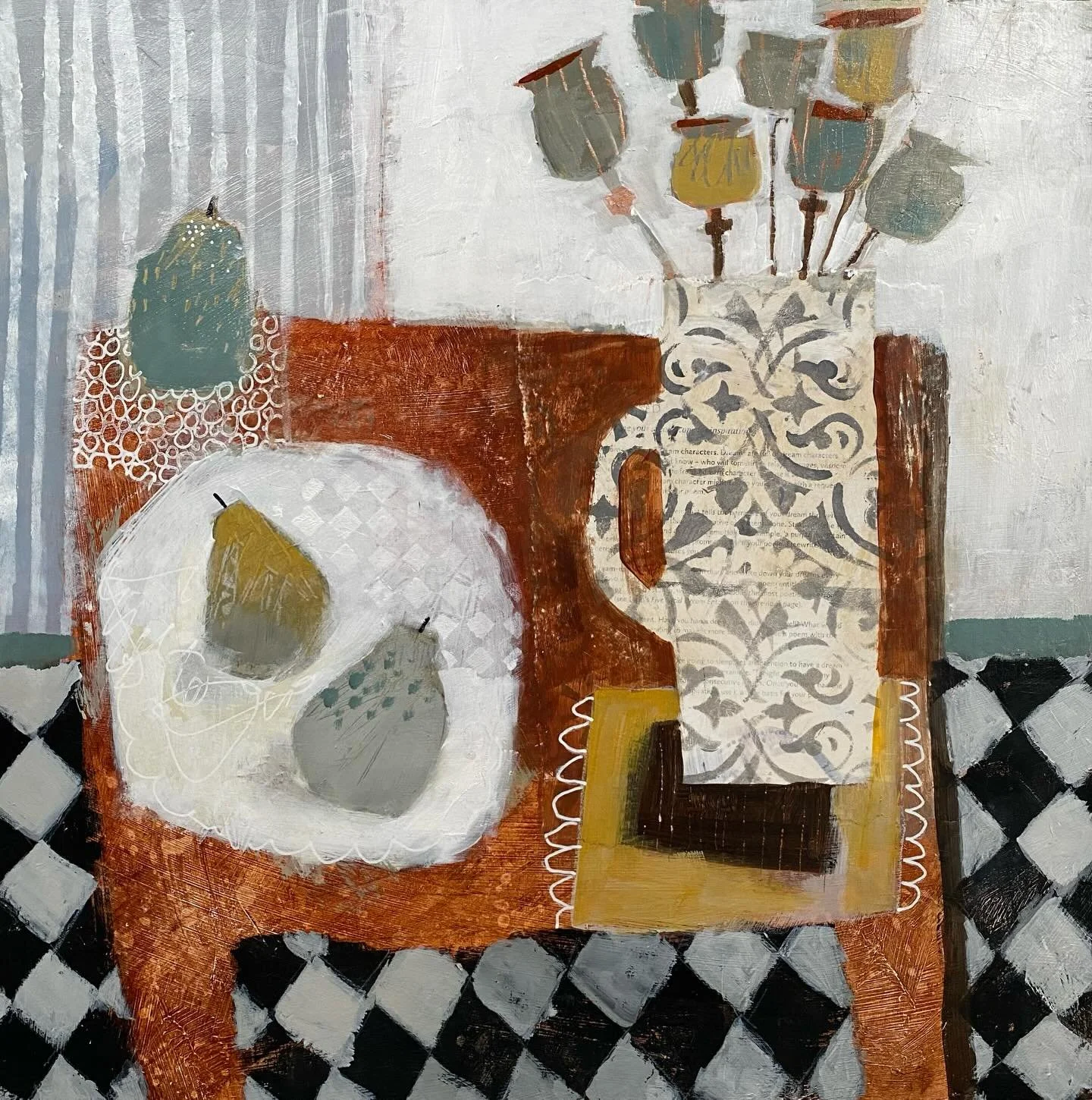 Sunday morning painting. Three Pears. Acrylic and collage on wood panel 46cm x46 #pears #sundaymorningstudio #mozartpianosonata #acrylicandcollage #poppyheads