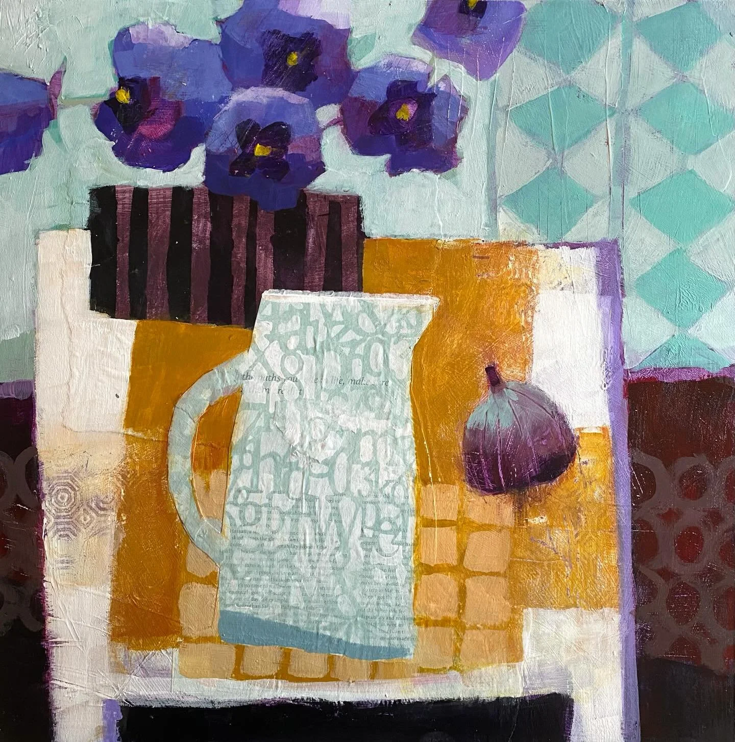 This minty green goes so well in here with the purples and yellows. Pansies are my favourite. Pansies and Fig. Acrylic and Collage on wood panel. 46cm x46cm #pansies #pansiesandfigs #acrylicstilllifepainting #contemporaryarts #studiostilllife #stilll