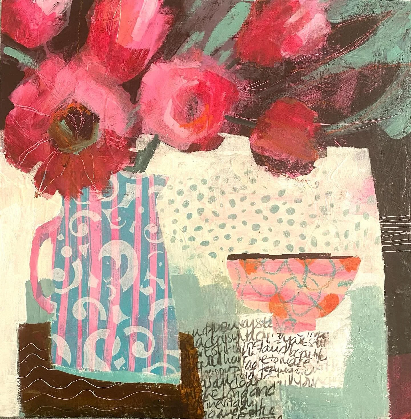 I have just finished these two Still Life&rsquo;s. The pink flower one started as a demo for Much Hadham Art Society and it just flowed so I finished it off. Both 41cmx 41cm. Acrylic and collage on wood panels. #acrylicflowers #acrylicstilllife #pink