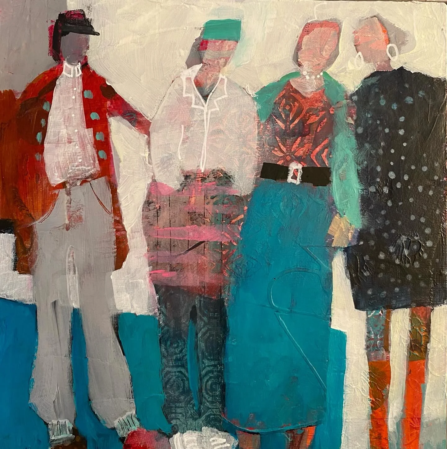 &lsquo;Four Friends and Green Hat&rsquo; Acrylic on wood 30cm x30cm #greenhat #redboots #acrylicpainting #figurepaintings